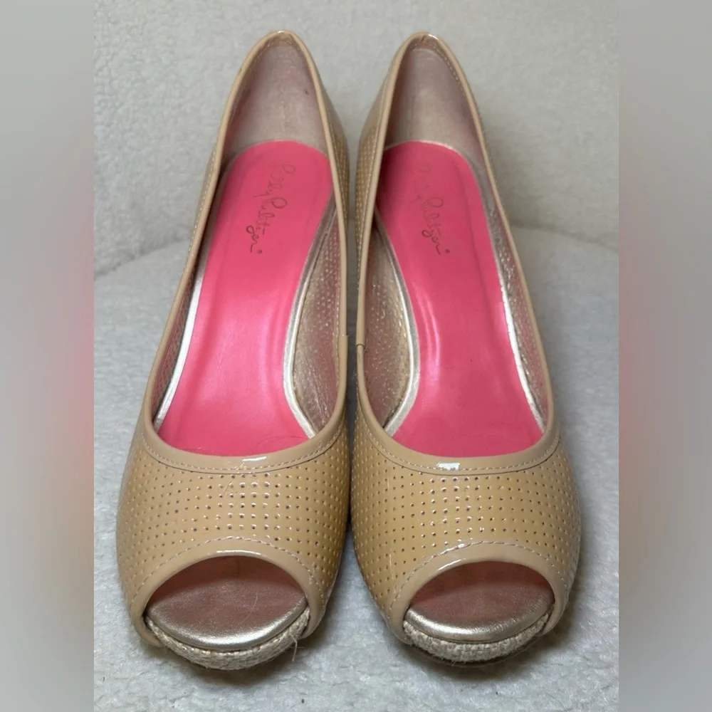 Lilly Pulitzer wedge peep toe heel shoes tan beige espadrille summer‎ beach 8.5